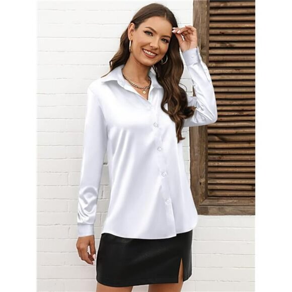 Silky Leopard Button Down Shirt Satin Long Sleeve Blouse Womens Work Top - Picture 3 of 4